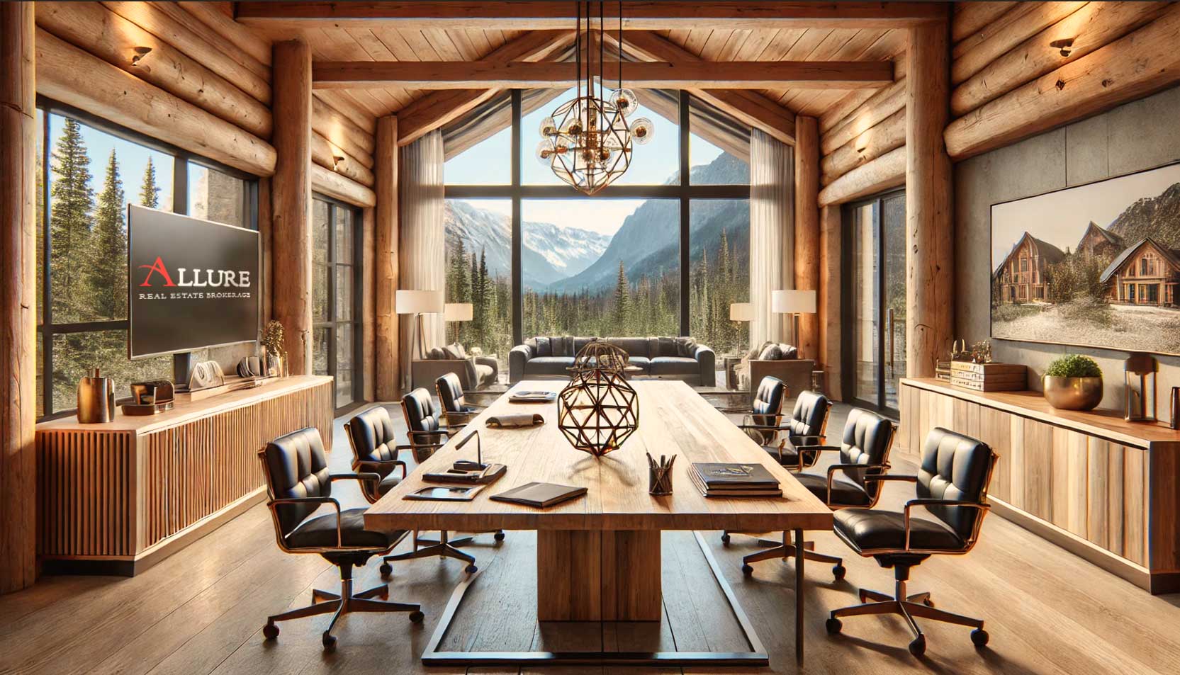 mountain scenery, polished wooden table, and luxury